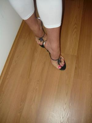 Wife in black thong high heel sandals