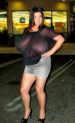 Busty BBW in Mini Skirt. Mature MILF wears Heels & Sheer Top